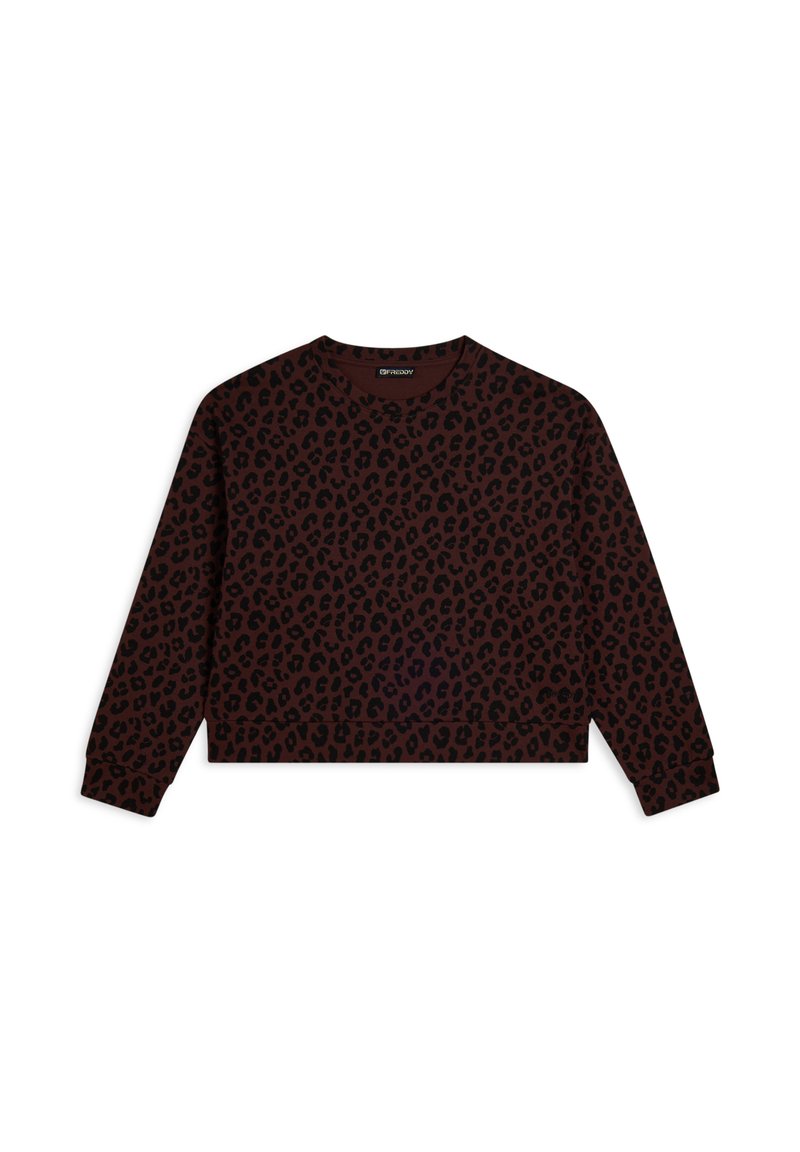 Sweatshirt raccourci en tissu marron foncé avec un motif tacheté noir. Encolure ronde et manches longues avec des poignets côtelés.