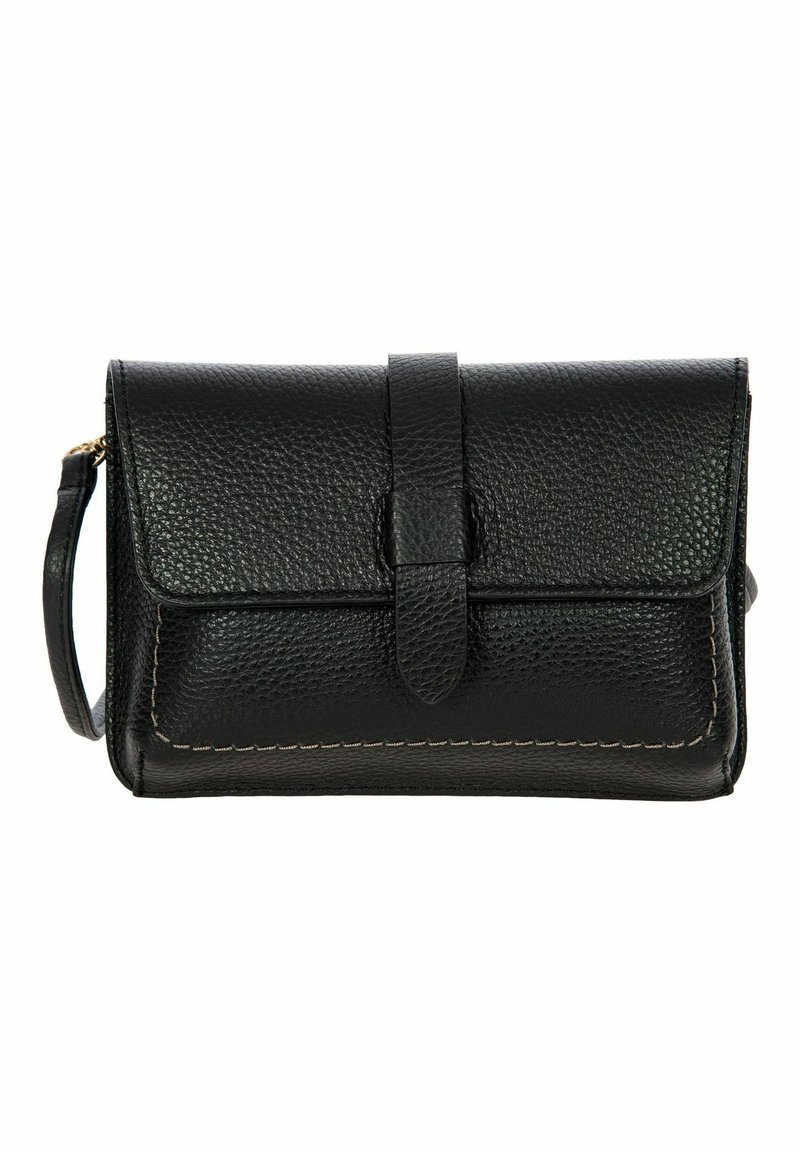 Borsa in pelle nera con una finitura texturizzata, chiusura a patta e una tracolla corta. Presenta cuciture in contrasto lungo i bordi. Design compatto.