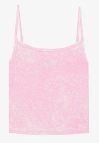 Rosa ribbad crop top med tunna remmar, som har en mjuk textur och subtilt tie-dye mönster. Rak nederkant med förstärkt sömnad.
