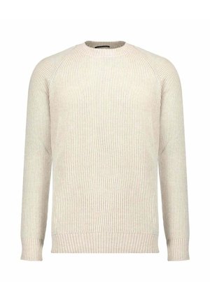 Beige geribde gebreide trui met lange mouwen, ronde hals en aansluitende boorden en zoom.
