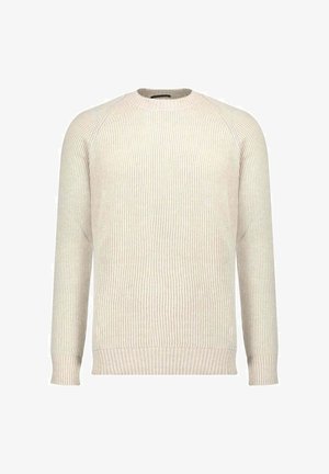 Maglione beige a coste in maglia con maniche lunghe, scollo rotondo e polsini e orlo aderenti.