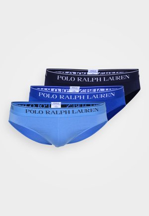 Trois paires de slips pour hommes dans des nuances de bleu et de marine avec le logo Polo Ralph Lauren sur la ceinture. Tissu doux, design ajusté.