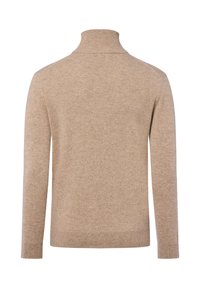 Pull à col roulé beige en tissu doux. Il présente une coupe ajustée, des manches longues, et des poignets et un ourlet côtelés.