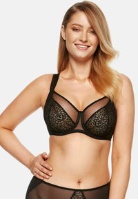 Czarny koronkowy stanik z siateczkowym wzorem, wsparciem przy bieliźnie i regulowanymi ramiączkami. Delikatne kwiatowe wzory ozdabiają tkaninę, dodając dodatkowych detali.