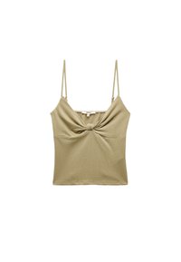 Top sin mangas de color beige claro con tirantes finos, que presenta un detalle de nudo en la parte frontal y una tela texturizada. Diseño simple y ajustado.