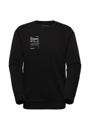 Zwarte lange mouw crewneck sweatshirt met kleine witte tekst en afbeelding op de linkerborst, inclusief het woord "Mammut" en hoogtegegevens.