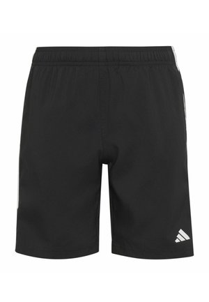 Pantalones cortos deportivos negros con cintura elástica y logo blanco de Adidas en la parte inferior del lado derecho.