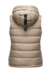 Beige gepolsterte Weste mit Kapuze, ausgestattet mit horizontalen Steppnähten, einem schwarzen Riemen mit einem Schlaufen und einem seitlichen Etikett. Glattes, wasserabweisendes Material.