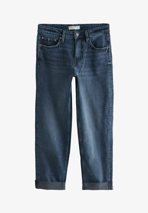 Dunkelblaue Jeans aus Denim mit geradem Schnitt, hoher Taille, umgeschlagenen Säumen, fünf Taschen und Akzenten in kupferfarbener Hardware.