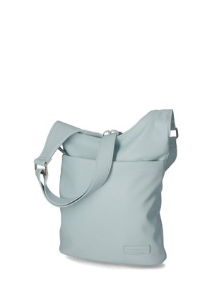 Hellblaue Leder-Schultertasche mit verstellbarem Riemen, Reißverschluss oben und dezentem Markenlabel vorne.