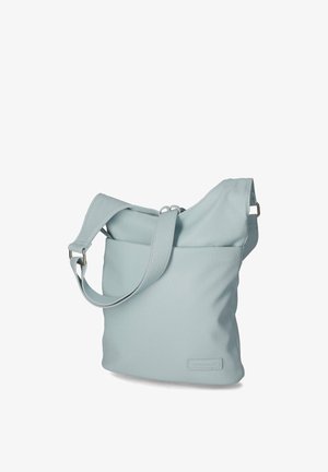 Hellblaue Leder-Schultertasche mit verstellbarem Riemen, Reißverschluss oben und dezentem Markenlabel vorne.