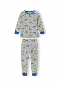 Grijze katoenen pyjamastel met lange mouwen en broeken versierd met een kleurrijk voertuigenpatroon. Blauwe accenten bij de manchetten en de halslijn.