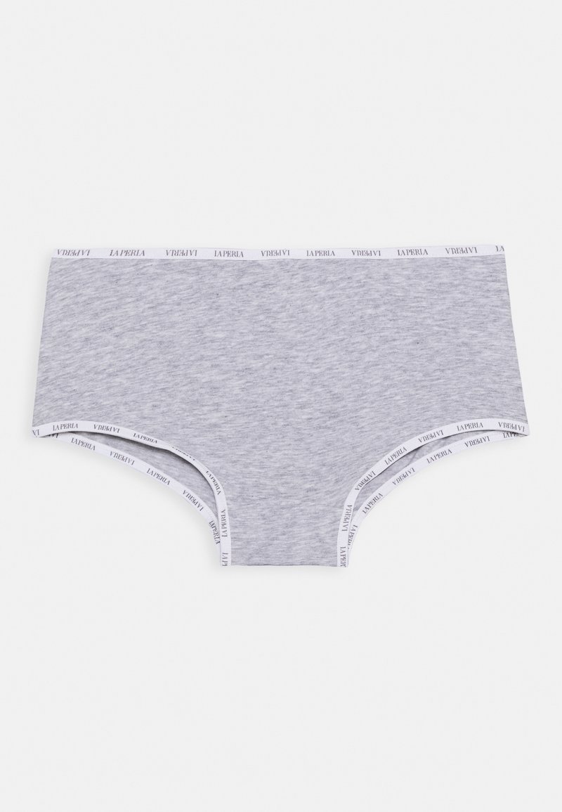Briefs cinzentos em algodão com uma textura suave, apresentando uma cintura elástica branca com a marca "LA PERLA". Corte hipster clássico.