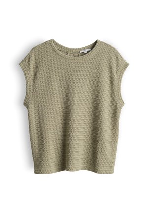 Haut en maille texturée à manches courtes de couleur vert olive clair, avec un col rond et une coupe décontractée.