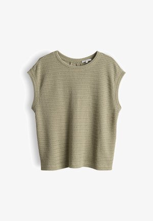 Haut en maille texturée à manches courtes de couleur vert olive clair, avec un col rond et une coupe décontractée.