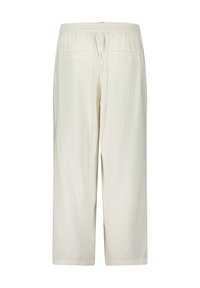 Crème-kleurige, losse culotte-broeken met een elastische tailleband en twee achterzakken, gemaakt van lichtgewicht stof.