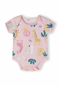 Trumpas rankovės rožinis jumpsuit'as su piešiniais gyvūnų, tokių kaip žirafa, liūtas ir zebra, pagamintas iš minkštos medvilnės ir su spaudžiamais mygtukais.