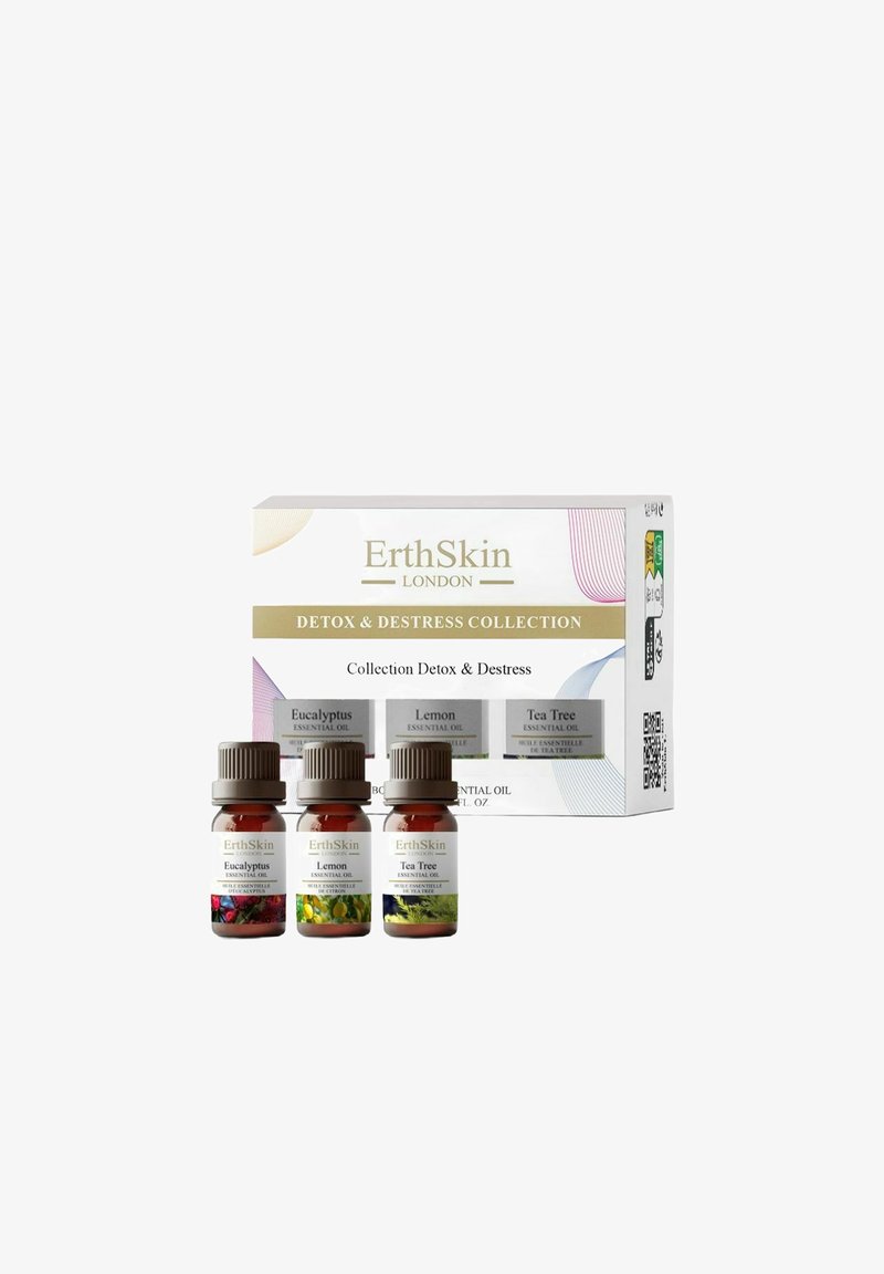 ErthSkin London Detox & Destress Collection with eucalyptus, lemon, and tea tree essential oil bottles in front of the product box.