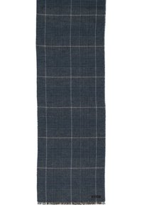 Écharpe à carreaux bleu foncé en tissu doux, dotée d'un motif texturé avec des bords effilochés et d'une petite étiquette de marque à une extrémité.