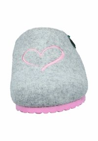 Gray felt slipper with a rounded shape, pink rubber sole, and a heart design embroidered in pink on the upper surface.