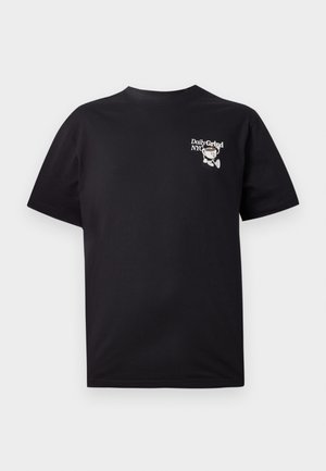 Black cotton t-shirt with short sleeves, crew neck, featuring a white graphic design on the left chest area.