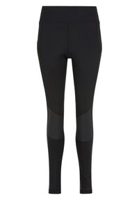 Svarta leggings med hög midja, med texturerade paneler, slät finish och åtsittande design. Lämpliga för träning.