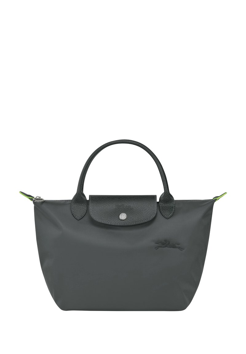 Gray nylon bag with leather handles and flap. Features a snap closure and a subtle logo on one side. Green accent tags on the zipper.