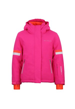 Veste de ski rose vif avec capuche, dotée d'une doublure orange, de rayures blanches et orange sur les manches, et de deux poches zippées.