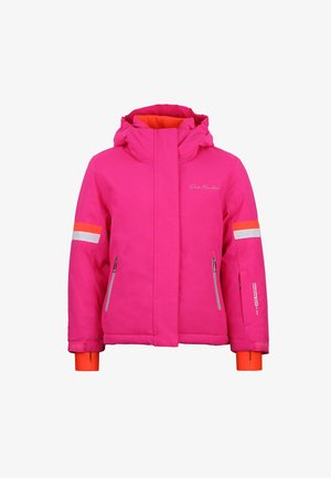 Heldere roze skijas met een capuchon, voorzien van oranje voering, witte en oranje strepen op de mouwen, en twee ritszakken.