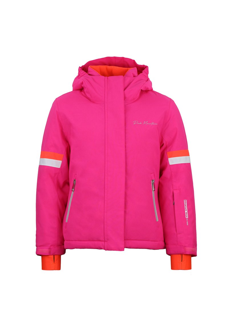 Heldere roze skijas met een capuchon, voorzien van oranje voering, witte en oranje strepen op de mouwen, en twee ritszakken.