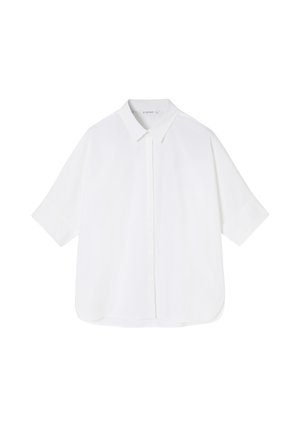 Weißes Kurzarmhemd mit Kentkragen, Knopfleiste und abgerundetem Saum. Glatte Textur und klares Design ohne Muster.