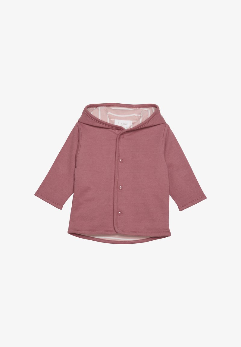 Hoodie mit langen Ärmeln in staubigem Rosa. Aus weichem Stoff gefertigt, mit einem Knopfverschluss und einem gestreiften Innenfutter.