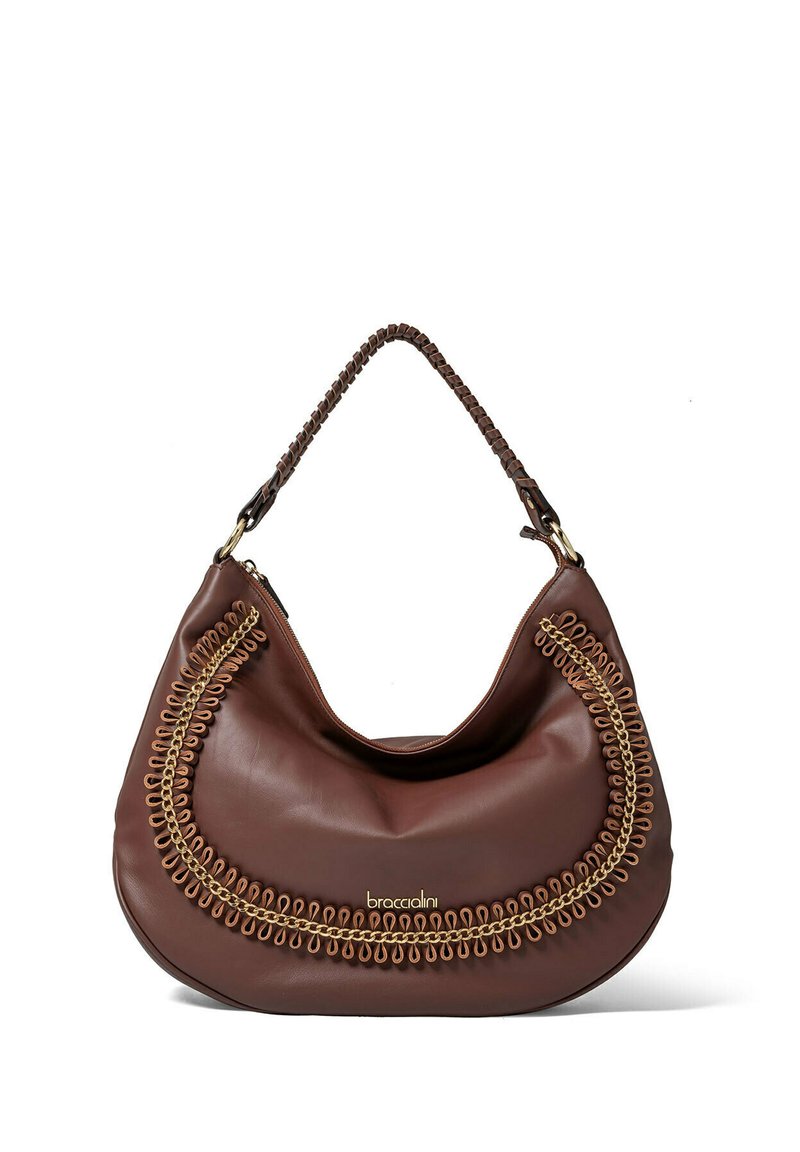 Borsa hobo in pelle marrone con manico intrecciato, hardware dorato e dettagli intrecciati complessi sulla parte anteriore. Chiusura con zip in alto.