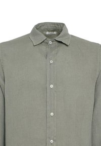 Lichtgrijze linnen shirt met een spread collar, knoopsluiting aan de voorkant en lange mouwen. Kenmerkt zich door een gestructureerde stof en subtiele stikdetails.