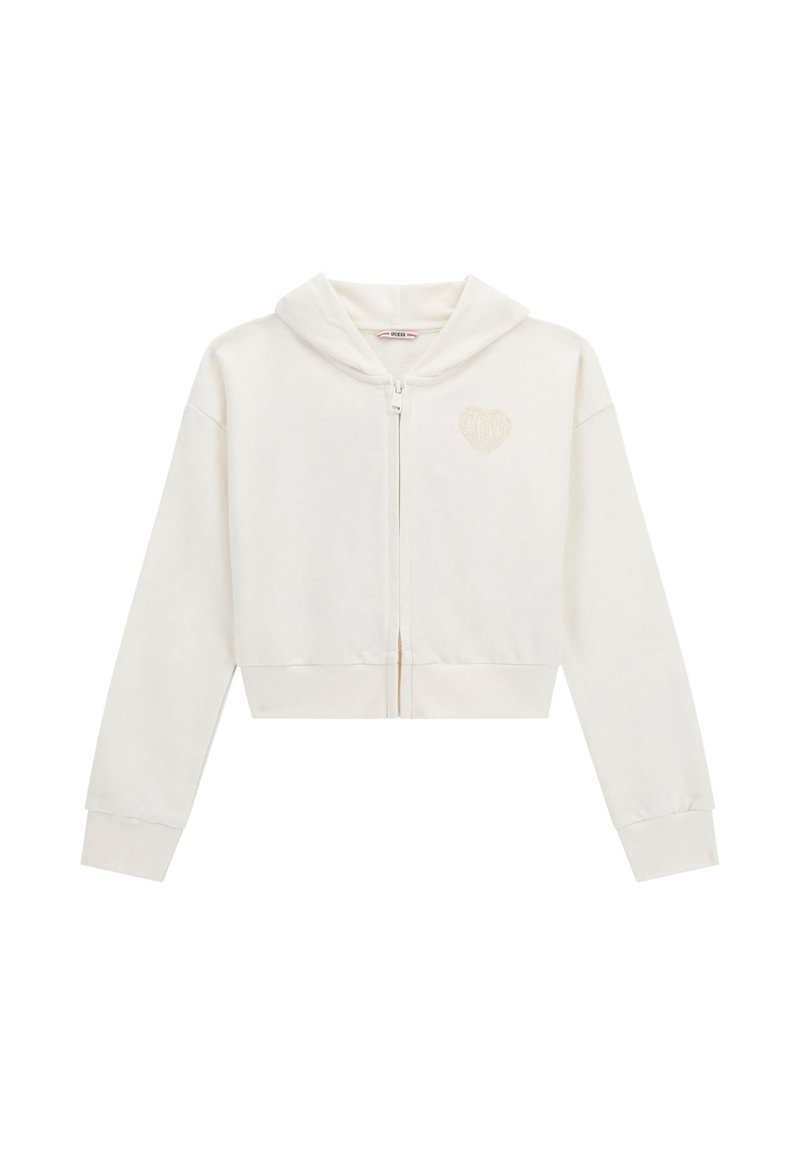 Weißer verkürzter Hoodie aus weichem Stoff, mit einem Reißverschluss vorne und einem kleinen gestickten Herzdetail auf der linken Brust.