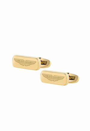 Paar goldene Aston Martin Logo Manschettenknöpfe mit rechteckigen Flächen und eingraviertem geflügeltem Emblem-Design.