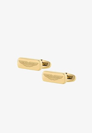 Paar goldene Aston Martin Logo Manschettenknöpfe mit rechteckigen Flächen und eingraviertem geflügeltem Emblem-Design.
