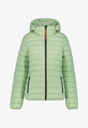 Vaaleanvihreä untuvatakki hupulla, ribbineulottu pinta, vetoketjullinen etupuoli, mustat korostukset taskuissa ja vetoketjussa, sekä oranssi kiristysnaru.