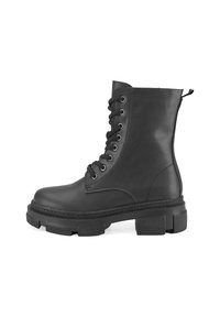 Schwarze Leder-Absatzstiefel mit abgerundeter Zehenpartie, Schnürung vorne und dickem Gummisohle. Verfügt über eine glatte Textur und eine Zuglasche für einfaches An- und Ausziehen.