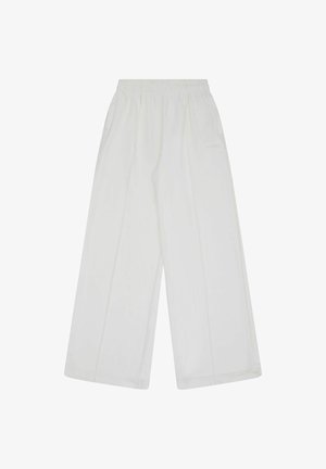 Witte wijde broek met een elastische tailleband en gestroomlijnd ontwerp. Bevat stikseldetails en een losse pasvorm. Geen zichtbare zakken.