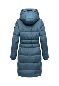 Padded long coat in teal, featuring a drawstring hood, ribbed cuffs, and visible stitching. Labeled with a logo at the hem.