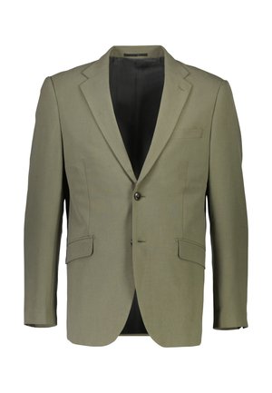 Marynarka na jeden guzik w kolorze oliwkowej zieleni, z klapami z wycięciem typu notch, dwoma przednimi kieszeniami z patką, kieszenią na piersi oraz czarną podszewką wewnętrzną.