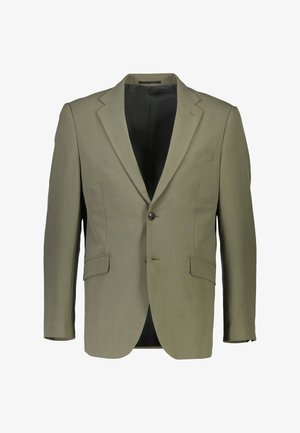 Marynarka na jeden guzik w kolorze oliwkowej zieleni, z klapami z wycięciem typu notch, dwoma przednimi kieszeniami z patką, kieszenią na piersi oraz czarną podszewką wewnętrzną.