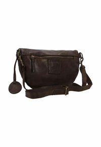 Borsa a tracolla in pelle marrone con chiusura a zip, tracolla regolabile e una piccola tasca testurizzata. Presenta un'etichetta rotonda in pelle.