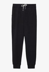 Sorte joggebukser med elastisk midje, hvit snor, sidelommer og ribbede mansjetter. Glatt stoff med en avslappet passform.