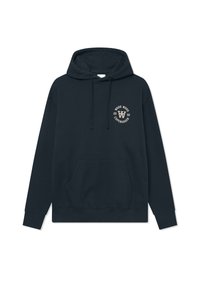 Navy blue hoodie made of cotton blend, featuring a front pocket, drawstring hood, and circular logo with "Wood Wood Copenhagen 2002" design.
