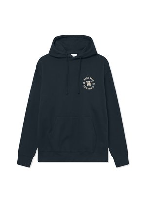 Navy blue hoodie made of cotton blend, featuring a front pocket, drawstring hood, and circular logo with "Wood Wood Copenhagen 2002" design.