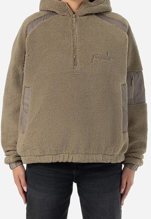 Beige fleece-pullover med halvlange lynlås, hætte, elastiske manchetter og kant, sidelommer og lomme med lap på venstre ærme.