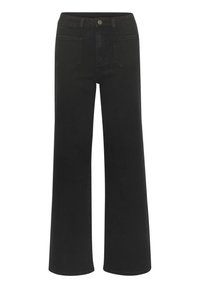 Jeans negros de pierna ancha, confeccionados en denim, con una cintura alta, bolsillos frontales y cierre de botón. Textura suave con un acabado limpio.