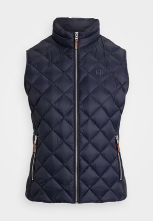 Navy quilted puffer vest with a high collar, featuring a front zipper and two side pockets, complemented by a logo detail on the chest.